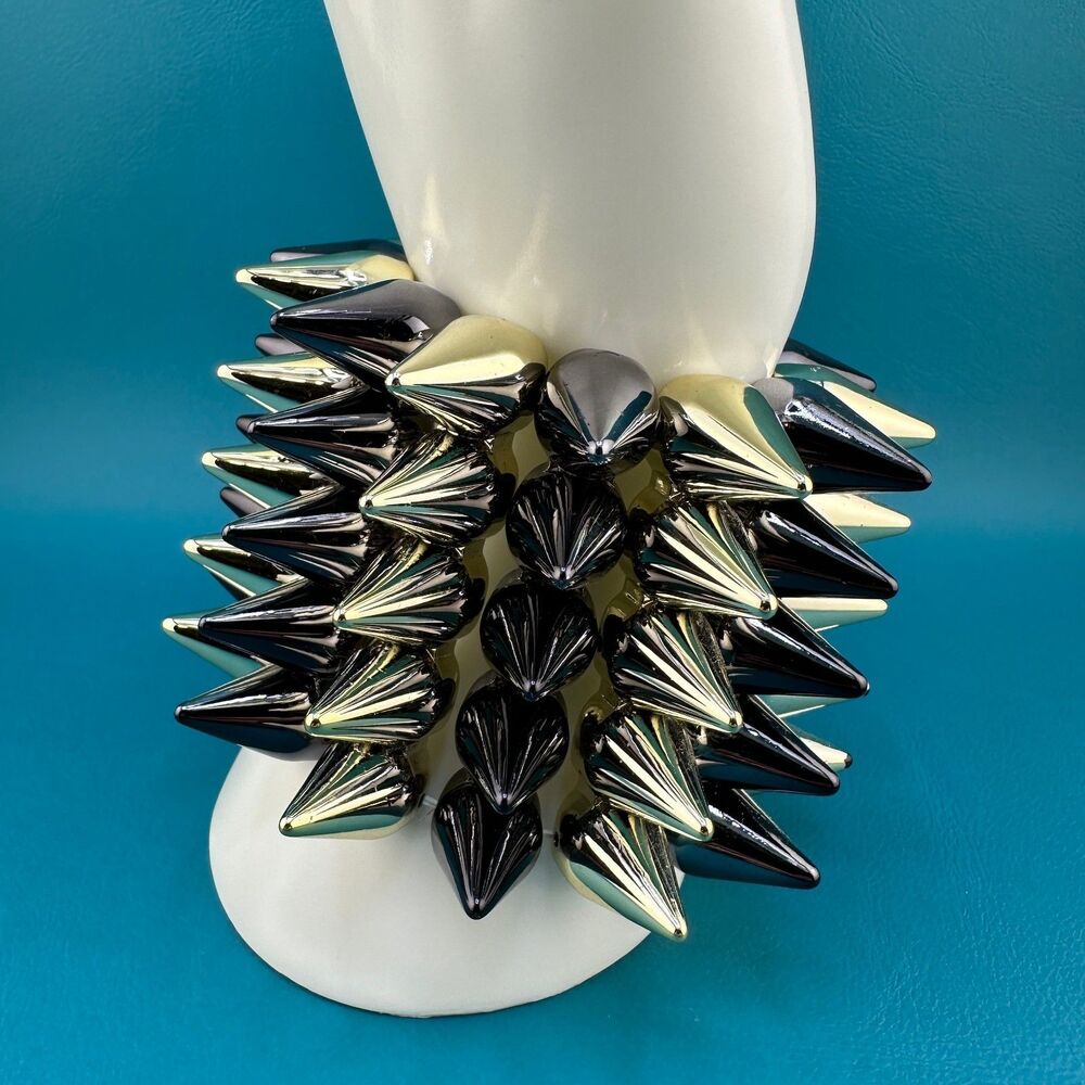 Vintage Spike Bracelet 5 Row Shiny Gold Silver Tone Acrylic Stretch Punk Rock